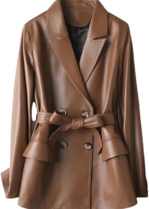 Women Leather Jackets Belt Adjustable Waist Single Breasted Coats Loose Office Leather Jacket