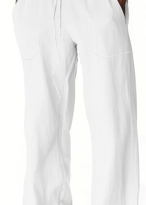 Men Casual Linen Pants Summer Beach Trousers Loose Fit Straight-Legs Elastic Drawstring Waist Yoga Trousers