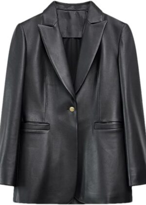 Women Single Buttons Leather Blazer Notched Collar Business Leather Jackets Solid Office Coat