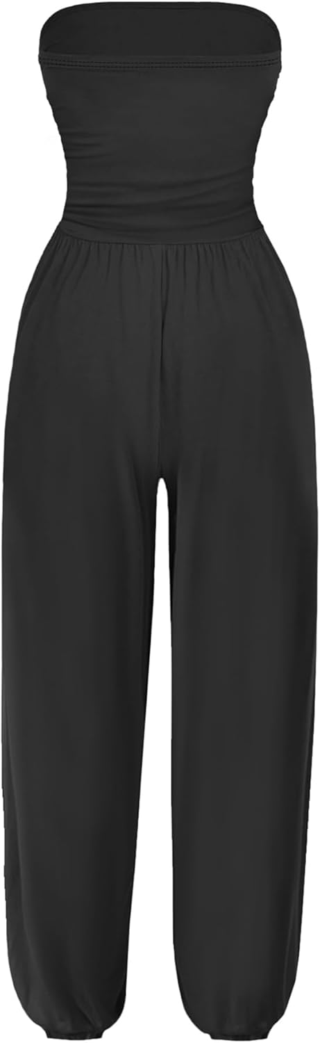 Women Casual Summer Strapless Jumpsuits Off Shoulder Sleeveless Backless 2025 Romper with Pocket - Image 2