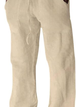 Cotton Linen Pants Men Casual Loose Fit Elastic Drawstring Waist Summer Beach Pants
