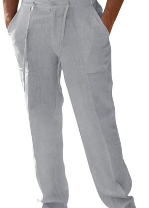 Men Casual Linen Pants Loose Fit Elastic Drawstring Waist Straight-Legs Summer Yoga Beach Long Pants