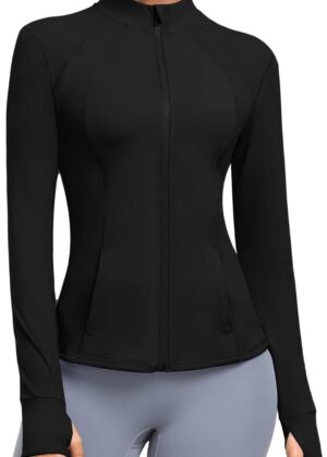 Women's Athletic Jacket Zip Up Workout Jacket With Pockets Running Hoodless Yoga Jacket Slim Fit With Thumb Holes