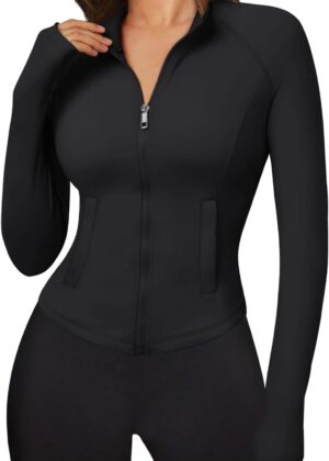 Women's Full Zip Up Scrubs Lightweight Jacket Cropped Long Sleeve Workout Sweatshirts Slim Fit Running Hoodies