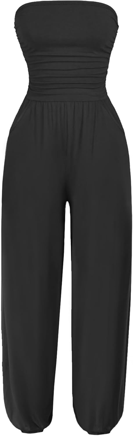 Women Casual Summer Strapless Jumpsuits Off Shoulder Sleeveless Backless 2025 Romper with Pocket