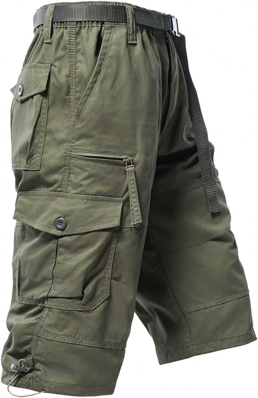 Men s 3/4 Relaxed Fit Men Running Shorts 7 Pockets Elastic Waist Cotton Hiking Shorts