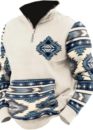 Men's Aztec Cowboy Sweatshirt Retro Ethnic Western Half Zipper Pullover Vintage Hoodies Country Casual Long Sleeve