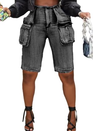 Women Knee Length Denim Shorts Casual High Waisted Jean Shorts Cargo Bermuda Jorts with Pockets Summer Shorts