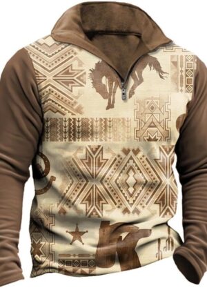 Men's Aztec Cowboy Sweatshirt Retro Ethnic Western Half Zipper Pullover Vintage Hoodies Country Casual Long Sleeve