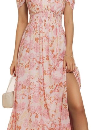 2025 Women Summer Floral Print Flowy A Line Maxi Dresses Sleeveless Smocked Off Shoulder Dress