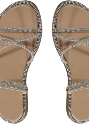 Women Rhinestone Strappy Open Toe Slide Sandals Slip on Casual Flat Sandals