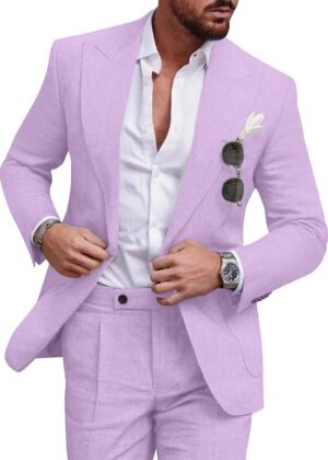 Linen Men Suit Set Casual Tuxedo 2 Piece Regular Fit Blazer One Button Solid Jacket and Pants for Prom Wedding Party