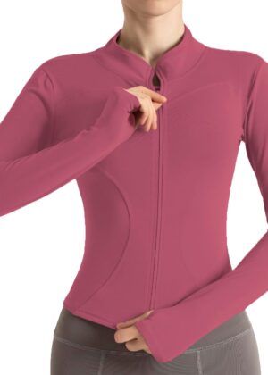 Women's Cropped Lightweight Stretchy Running Track Jackets Full Zip Slim Fit Athletic Tops with Thumb Holes