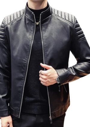 Men Casual Stand Collar  Faux Leather Jacket Biker Motorcycle Jacket