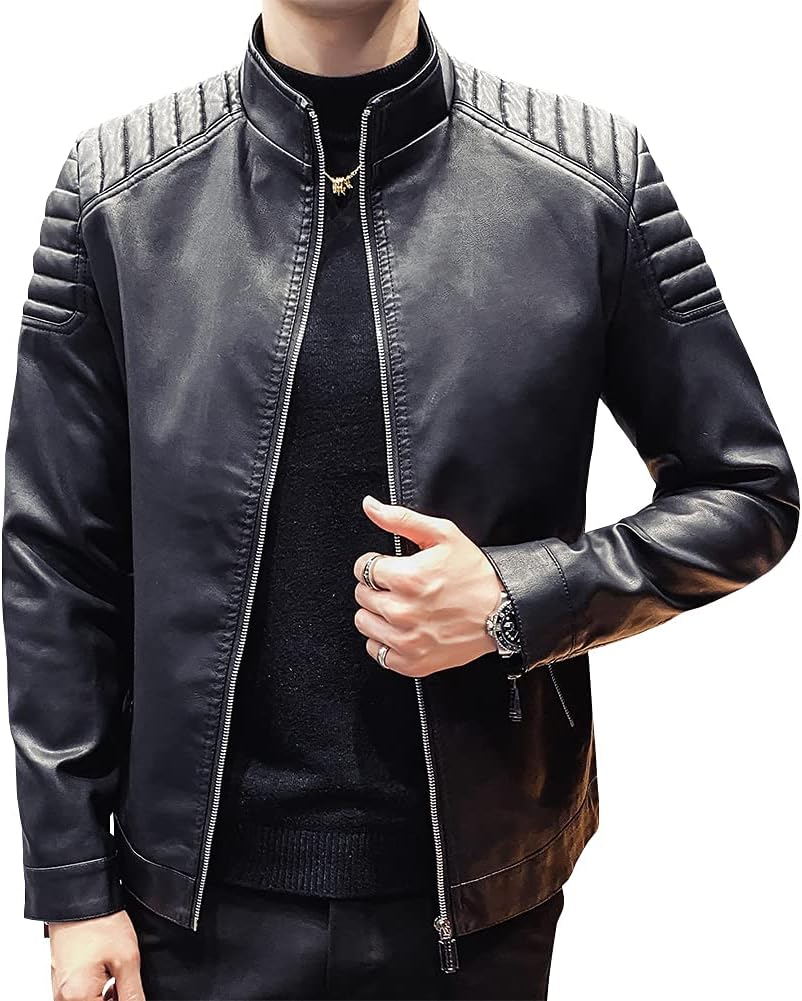 Men Casual Stand Collar Faux Leather Jacket Biker Motorcycle Jacket