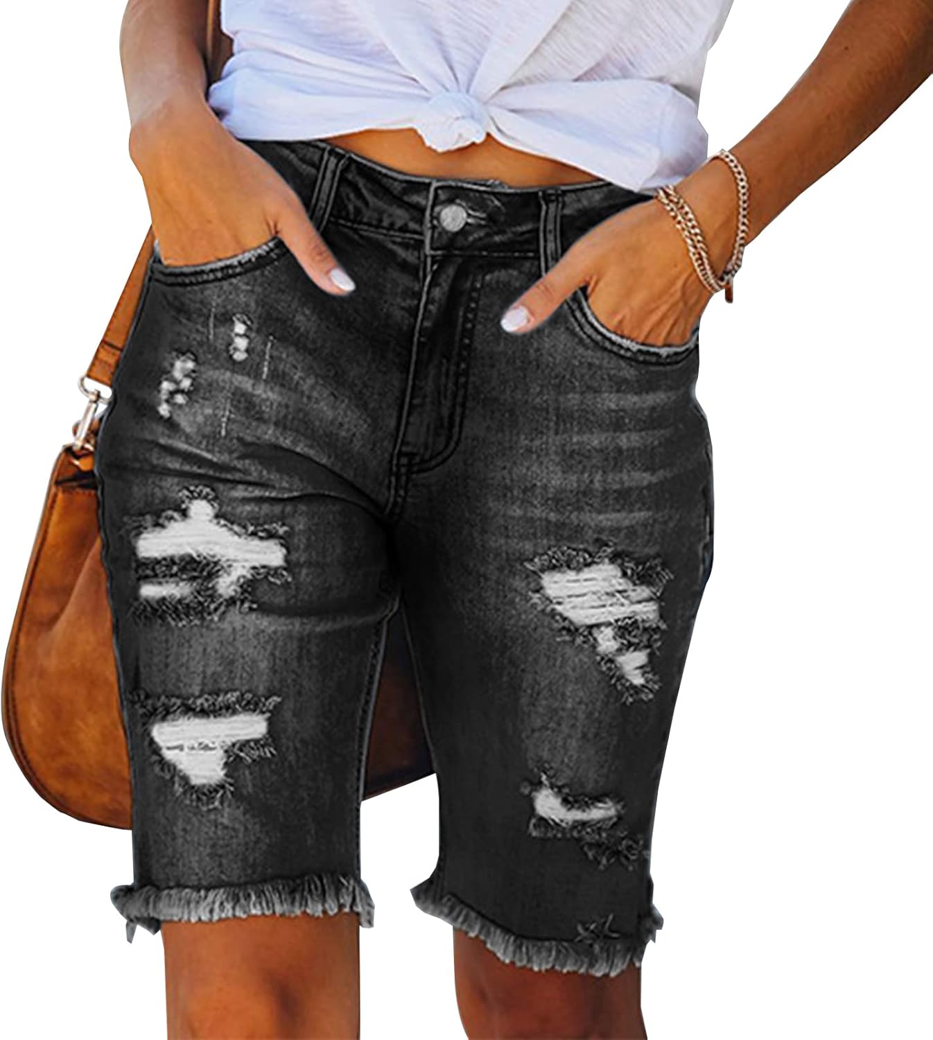 Women Jean Shorts High Waisted Denim Bermuda Shorts Ripped Distressed Knee Length Stretch Denim Jean Short - Image 2