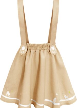 Women Sweet Cat Paw Embroidery Pleated Mini Skirt with 2 Suspender