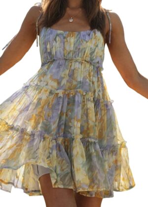 Women 2025 Summer Floral Mini Dress Boho Flowy Skater Dresses Short Sleeveless Ruffle Spaghetti Strap Dress