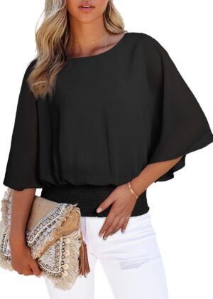 Womens Tops Dressy Casual 3/4 Sleeve Tops Crewneck Business Casual Chiffon Blouses