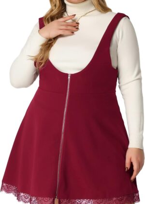 Plus Size Suspender Braces Casual Skirt Dress for Women Basic Zipper Front Lace Trim Skirt