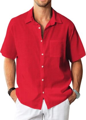 Linen Shirts for Men: Casual Cotton Men Short Sleeve Button Down Shirts Beach Wedding Summer Clothes with Pocket
