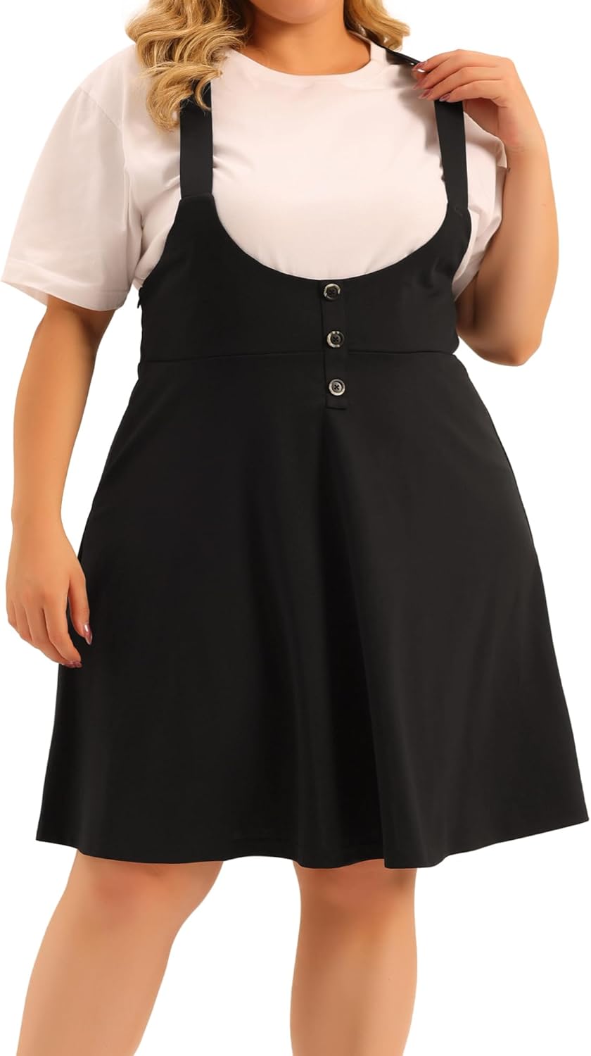 Plus Size Suspender Skirts for Women Casual High Waist Detachable Strap Button Decor Overalls Dress