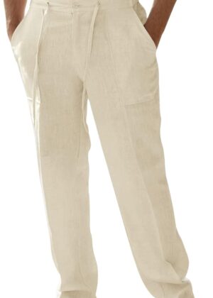 Men Linen Pants Elastic Waist Summer Pants Relaxed Fit Lightweight Yoga Beach Casual Pants with Pockets