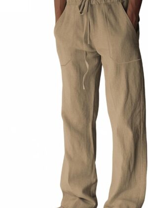 Men Linen Pants Summer Cotton Beach Trousers Casual Lightweight Elastic Drawstring Waist Yoga Pants