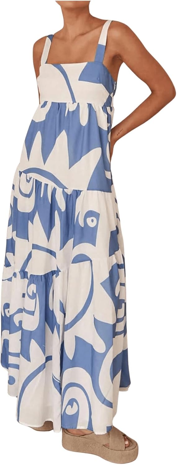 Women Boho Maxi Dress Printed Tiered Ruffle Flowy Sundress Summer Afternoon Tea Dresses