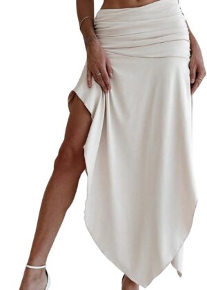 Women Ruched Asymmetrical Split Skirt Casual Maxi Skirts