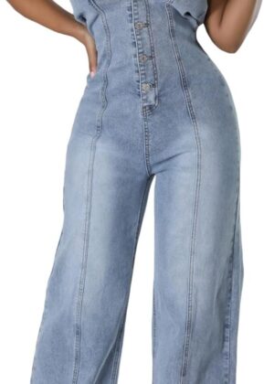 Women Off The Shoulder Denim Jumpsuit Sleeveless Front Button Down Wide Leg One Piece Jeans Romper Overalls