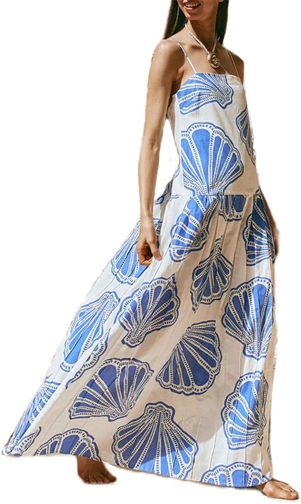 Women Boho Floral Maxi Dress Y2k Sleeveless Long Dress Print Spaghetti Strap A Line Dress Vacation Beach Sundress