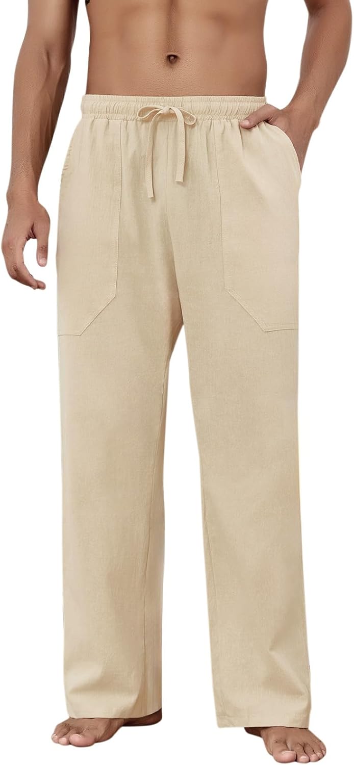 Cotton Linen Pants Men Casual Loose Fit Elastic Drawstring Waist Summer Beach Pants - Image 2