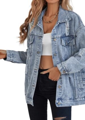 Denim Jacket for Women Ripped Jean Jacket Boyfriend Long Sleeve Trucker Coat