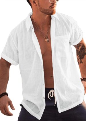 Men Short Sleeve Button Up Shirts Linen Cotton Beach Tops Spread Collar Plain Summer T Shirt with Pocket