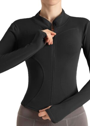 Women's Cropped Lightweight Stretchy Running Track Jackets Full Zip Slim Fit Athletic Tops with Thumb Holes