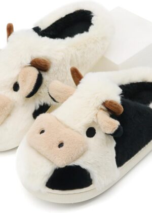Fuzzy Cow Slippers for Women Men Adults, Fluffy Plush and Cozy Cotton House Slippers for Indoor Outdoor Bedroom, Warm Furry Cow Print Slipper for Winter Spring Fall