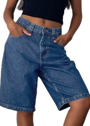 Women Baggy Denim Bermuda Shorts Vintage Straight Leg Denim Shorts Casual Knee Length Jean Jorts with Pockets