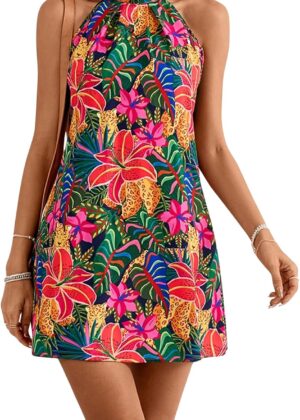 Women Sleeveless Floral Print Sundress Halter Neck A Line Short Dress