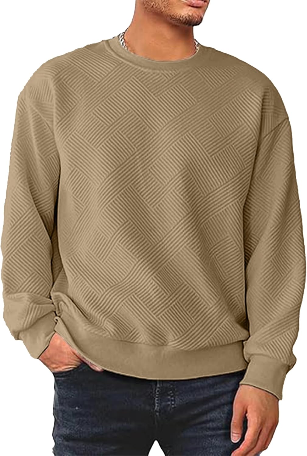 Men's Crewneck Sweatshirts Long Sleeve Solid Color Geometric Texture Casual Pullover Shirt