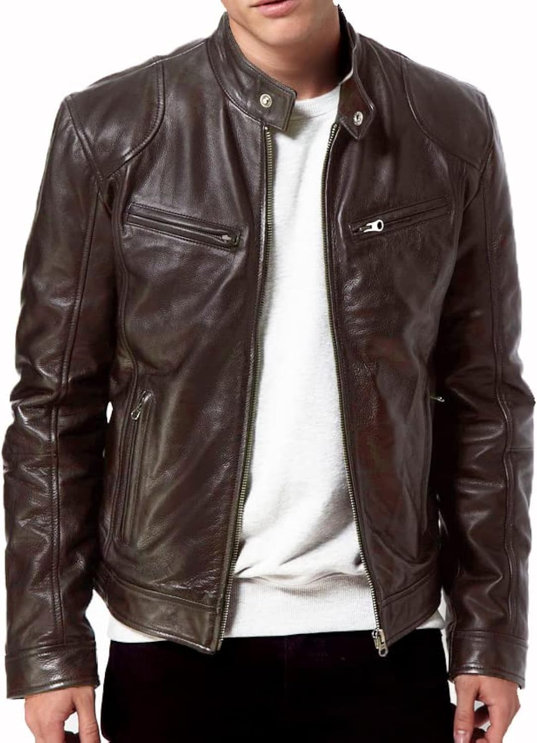 Men Black Genuine Lambskin Leather Biker Jacket VINTAGE REAL BROWN MOTORCYCLE JACKETS FOR MEN - Image 2