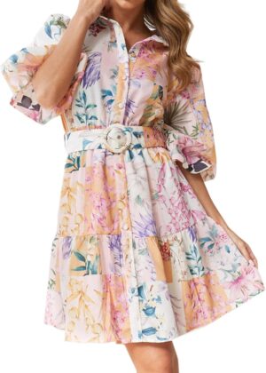 Women Single Breasted A-line Dress, Floral Printed Boho Style Lantern Short Sleeve with Belt Summer Dress