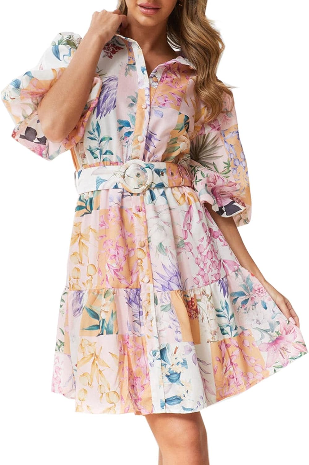 Women Single Breasted A-line Dress, Floral Printed Boho Style Lantern Short Sleeve with Belt Summer Dress