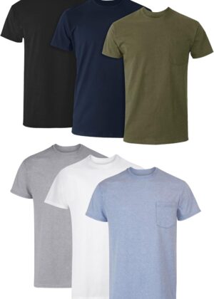 Men Pocket Undershirt Pack, Cotton Crew Neck T-Shirt, Moisture Wicking Tee, Assorted 6-Pack