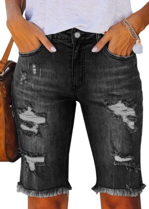 Women Jean Shorts High Waisted Denim Bermuda Shorts Ripped Distressed Knee Length Stretch Denim Jean Short