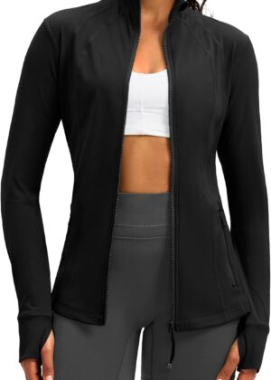 Women's Zip Up Workout Jackets with Pockets Slim Fit Cottony Soft Jacket for Running Athletic Yoga