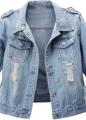 Women Autumn 3/4 Sleeve Retro Short Denim Jackets Light Blue Jean Coats