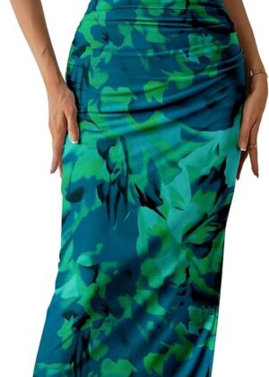 Women Summer Maxi Bodycon Dresses Strapless Tube Top Slit Floral Printed Party Club Long Dress