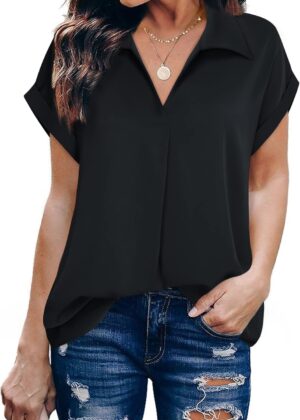 Women's Summer Work Blouse V Neck Short Sleeve Lapel Shirt Top Tunic