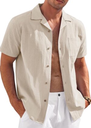Men Casual Cotton Linen Shirt Short Sleeve Button Up Shirts Summer Beach Top